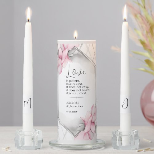 Pink Grey Modern Bible Verse Christian Wedding Unity Candle Set