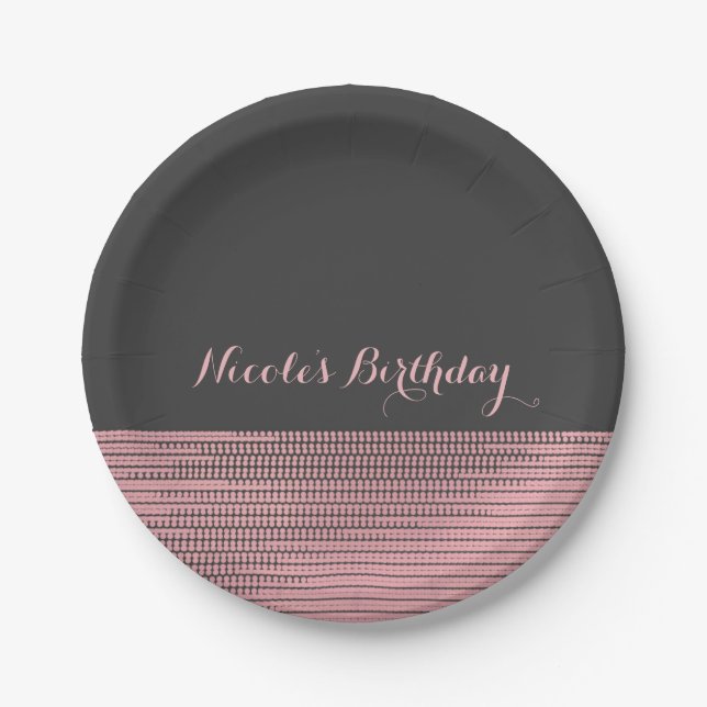 Pink & Grey Modern Glam Sequins Chic Elegant Party Paper Plates (Front)