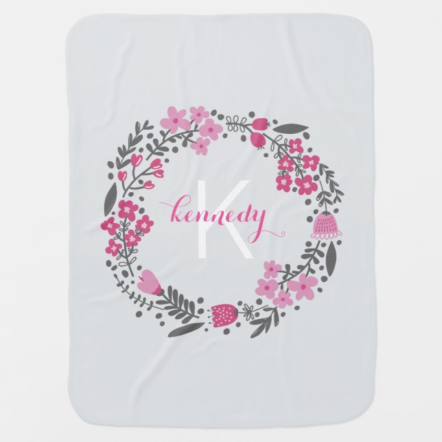 Pink Grey Monogram Baby Blanket (Front)