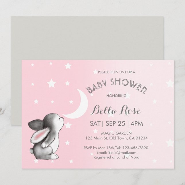Pink Grey Moon Stars Bunny Baby Shower Invitations (Front/Back)