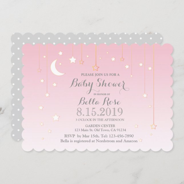 Pink Grey Moon Stars Girl Baby Shower Invite (Front/Back)
