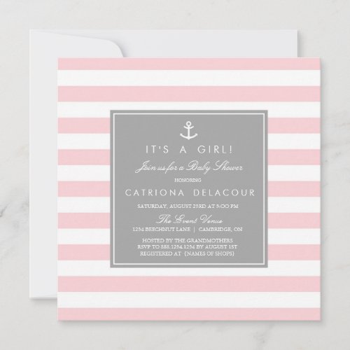 Pink Grey Nautical Stripes Baby Shower Invitation