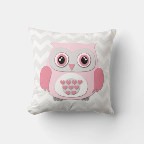 Pink Grey Owl Nursery Throw Pillow