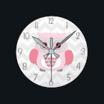 Pink Grey Owl Wall Clock<br><div class="desc">This adorable pink and grey owl on grey and white chevron background design will look perfect in your little one's nursery or bedroom. Perfect for newborns, babies, toddlers or child's bedroom. Other matching products available in my store!</div>