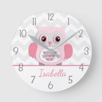 Pink Grey Owl Wall Clock by Kookyburra at Zazzle