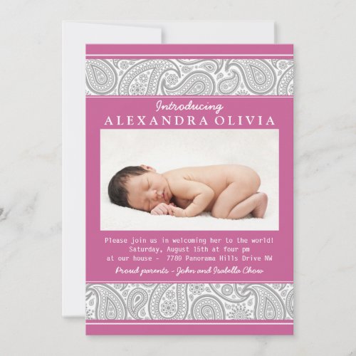 Pink Grey Paisley Photo Sip N See Baby Shower Personalized Invite