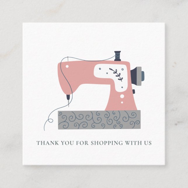 PINK GREY PEACH SEWING MACHINE THANK YOU SHOPPING SQUARE BUSINESS CARD (Front)