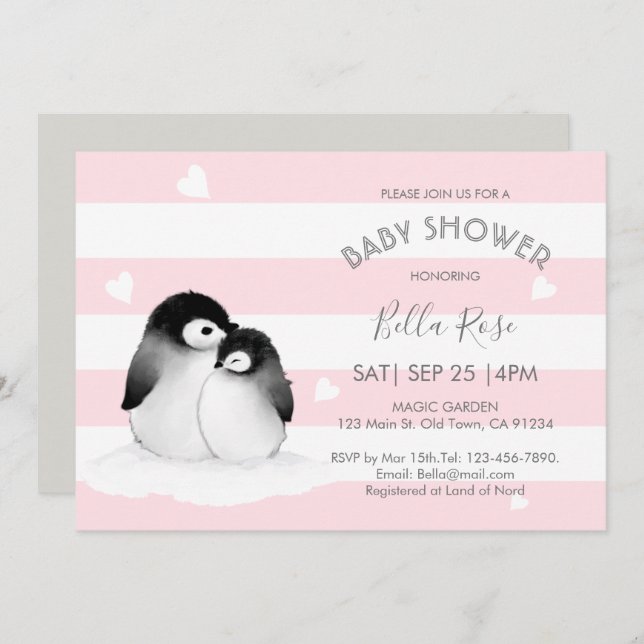 Pink Grey Penguin Baby Shower Invitations (Front/Back)