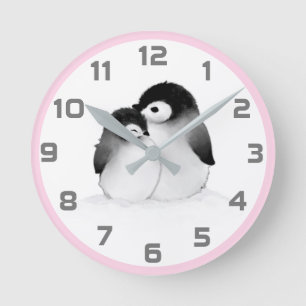 Pink Grey Penguins Wall Clock
