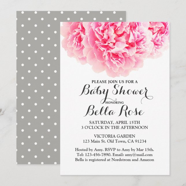 Pink Grey Peony Baby Shower Invites (Front/Back)