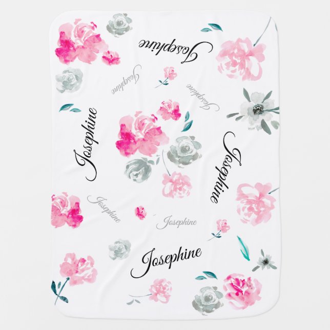Pink Grey Personalized Floral Watercolor flower Baby Blanket (Front)