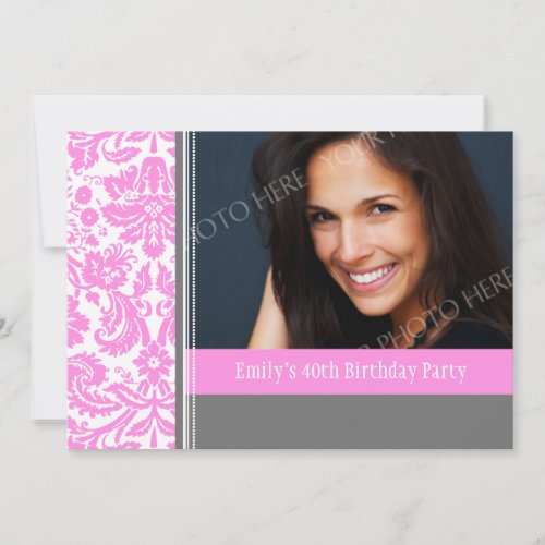 Pink Grey Photo 40th Birthday Party Invitation