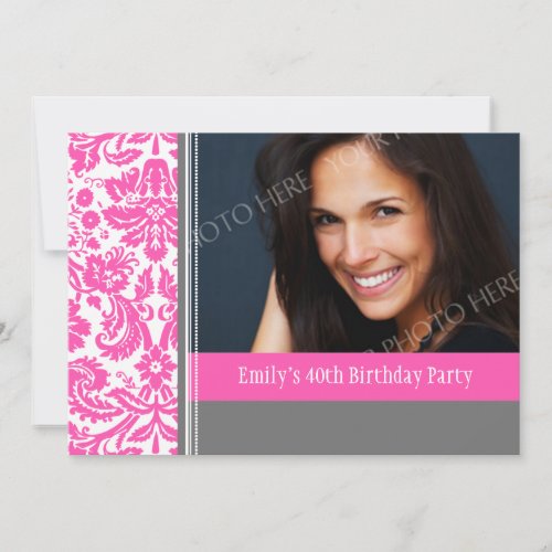 Pink Grey Photo 40th Birthday Party Invitation