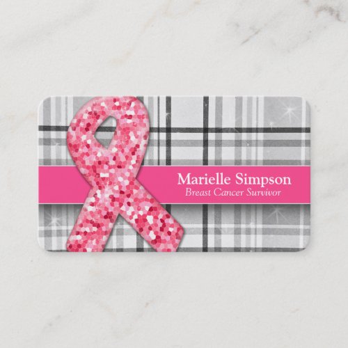 Pink Grey Plaid Breast Cancer Survivor Coach BRCA Business Card