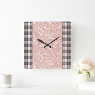 Pink & grey plaid stripes AI art Square Wall Clock