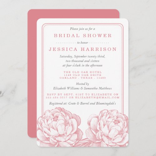 Pink  Grey Pretty Peony Floral Bridal Shower Invitation