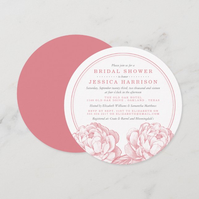 Pink & Grey Pretty Peony Floral Bridal Shower Invitation (Front/Back)