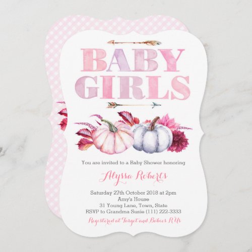 Pink Grey Pumpkins Twin Girls Baby Shower Invitation