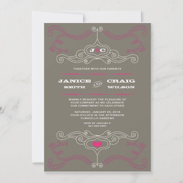 Pink & Grey Rock 'n' Roll Music Themed Wedding Invitation (Front)