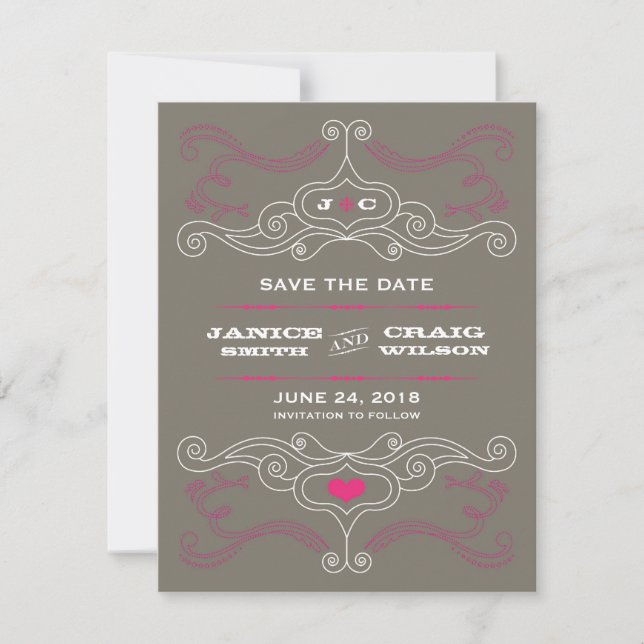 Pink & Grey Rock 'n' Roll Music Themed Wedding Save The Date (Front)