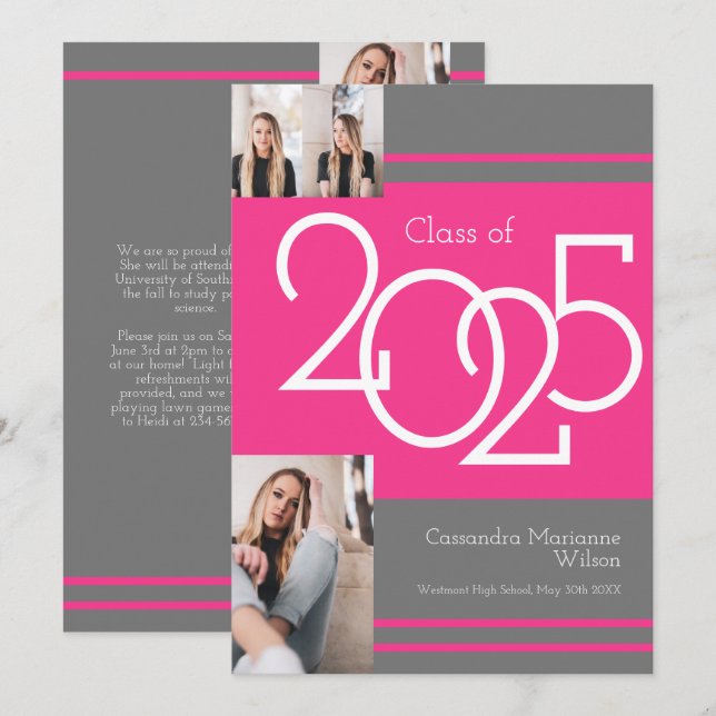 Pink Grey School Colors Graduation Announcement (Front/Back)