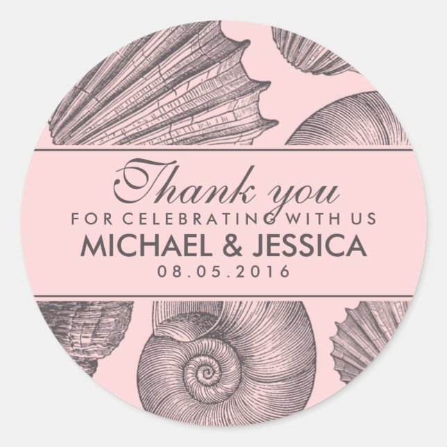 Pink Grey Seashell Wedding Favor Thank You Sticker (Front)