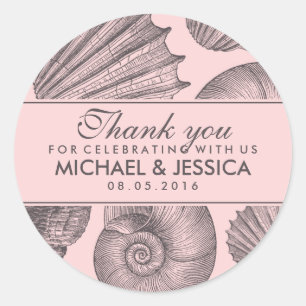 Pink Grey Seashell Wedding Favor Thank You Sticker