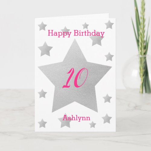 Pink Grey Stars 10th Birthday Card