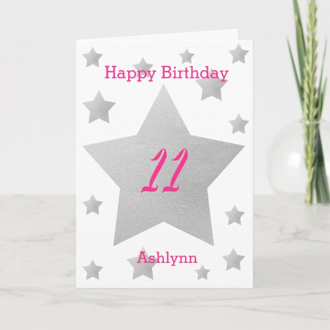 Pink Grey Stars 11th Birthday Card (Front)