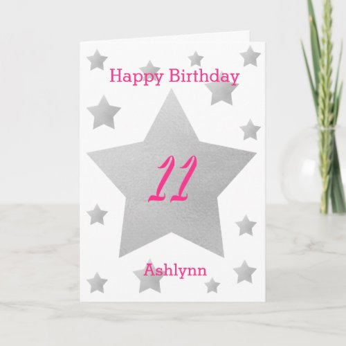 Pink Grey Stars 11th Birthday Card