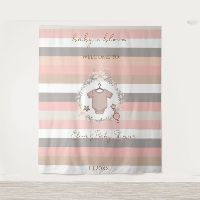 Pink Grey Stripes Baby in Bloom Backdrop (Front)