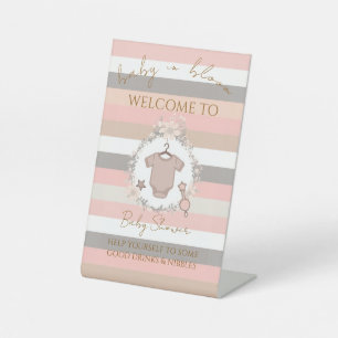 Pink Grey Stripes Baby in Bloom Pedestal Sign