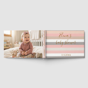 Pink Grey Stripes Baby Shower Foil Guest Book