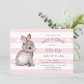 Pink Grey Stripes Bunny Heart Baby Shower Invite (Standing Front)
