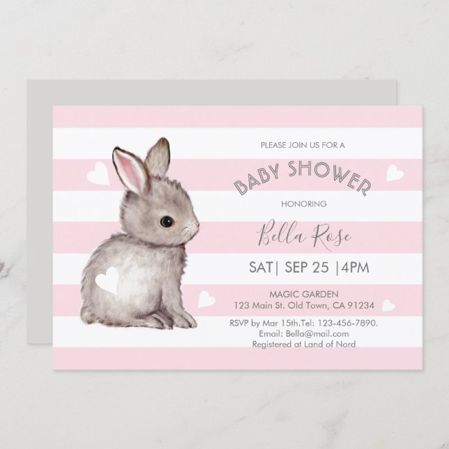 Pink Grey Stripes Bunny Heart Baby Shower Invite (Front/Back)
