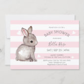 Pink Grey Stripes Bunny Heart Baby Shower Invite (Front)