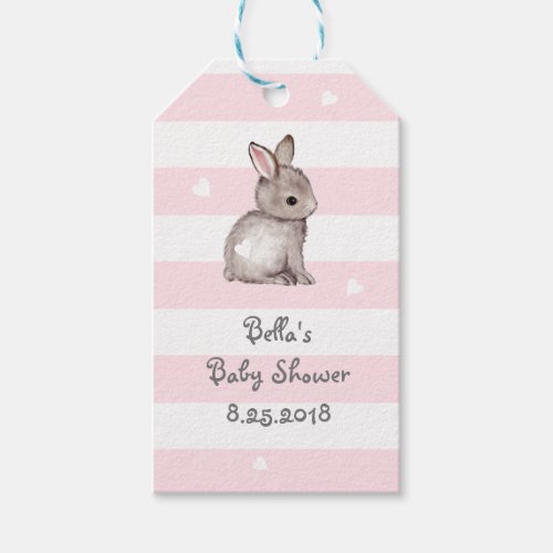 Pink Grey Stripes Bunny Heart Gift Tag