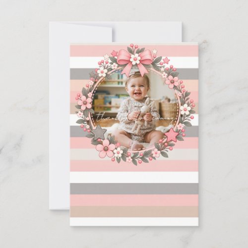 Pink Grey Stripes Floral Photo Baby Shower Thank You Card