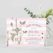Pink Grey Stripes Fox Heart Baby Shower Invitation (Standing Front)