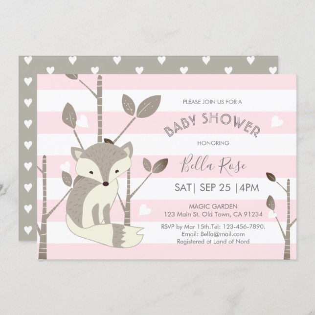 Pink Grey Stripes Fox Heart Baby Shower Invitation (Front/Back)