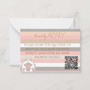 Pink Grey Stripes QR Code RSVP Note Card