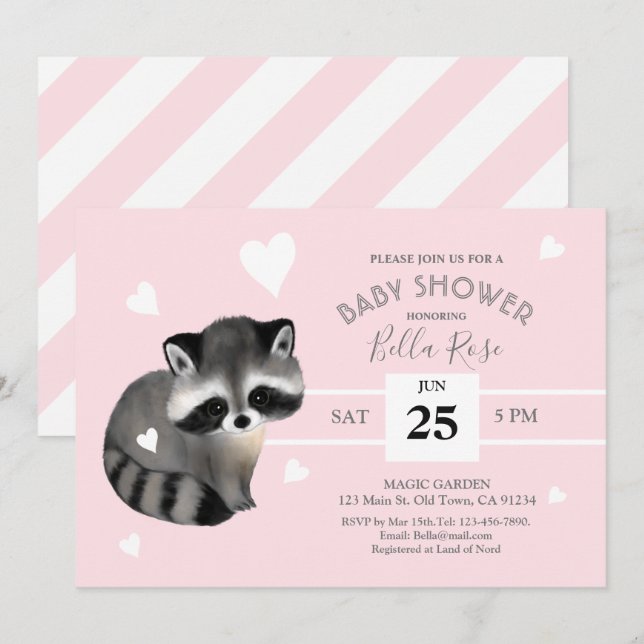 Pink Grey Stripes Raccoon Baby Shower Invitation (Front/Back)