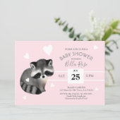 Pink Grey Stripes Raccoon Baby Shower Invitation (Standing Front)
