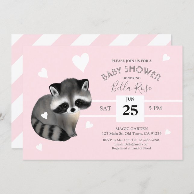 Pink Grey Stripes Raccoon Baby Shower Invitation (Front/Back)