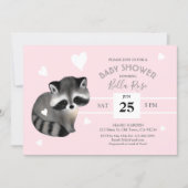 Pink Grey Stripes Raccoon Baby Shower Invitation (Front)