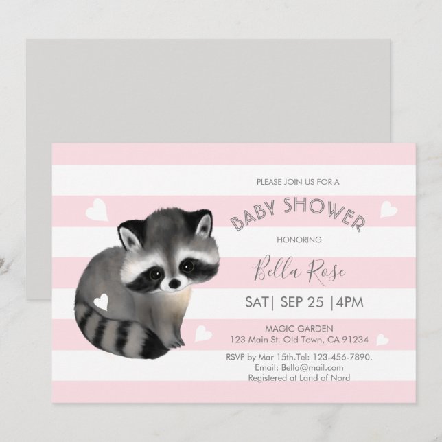 Pink Grey Stripes Raccoon Heart Baby Shower Invite (Front/Back)