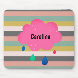Pink Grey Stripes Retro Name Mouse Pad
