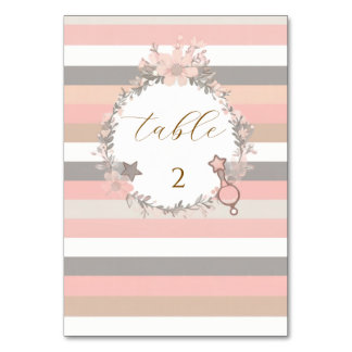 Pink Grey Stripes Wreath Baby Shower Table Number