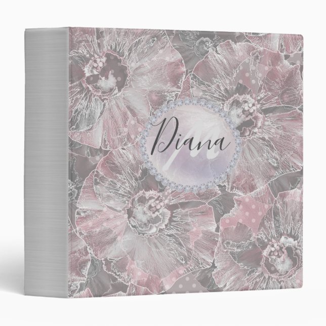 Pink grey stylish large flowers 3 ring binder (Front/Spine)