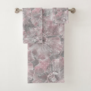 Pink grey stylish large flowers bath towel set